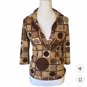 Vintage Fortuna Geometric Brown and Tan Women's 3/4 sleeve  Top
